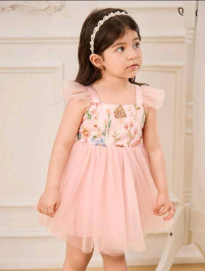 Girls Pink Tulle Dress with Floral Embroidered Bodice and Ruffle Shoulder Straps