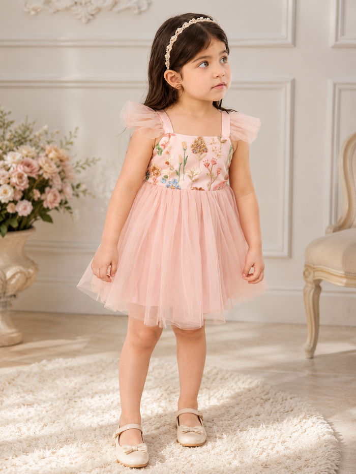 Girls Pink Tulle Dress with Floral Embroidered Bodice and Ruffle Shoulder Straps