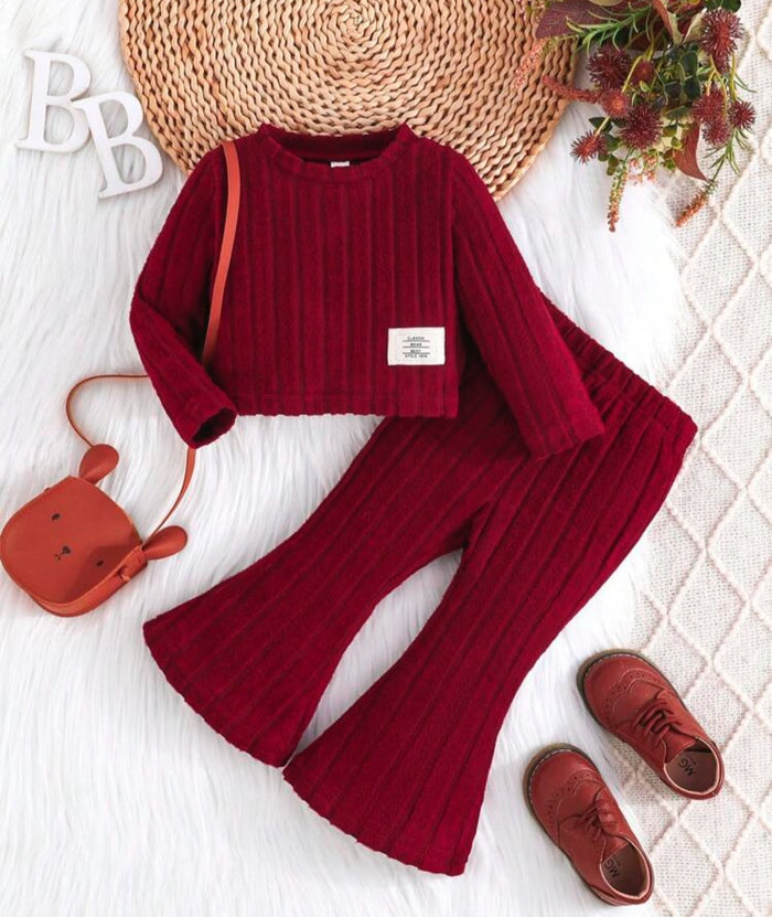 Girls’ Red Ribbed Two-Piece Flared Pants Set – SHEIN Fast Delivery in 5 Days