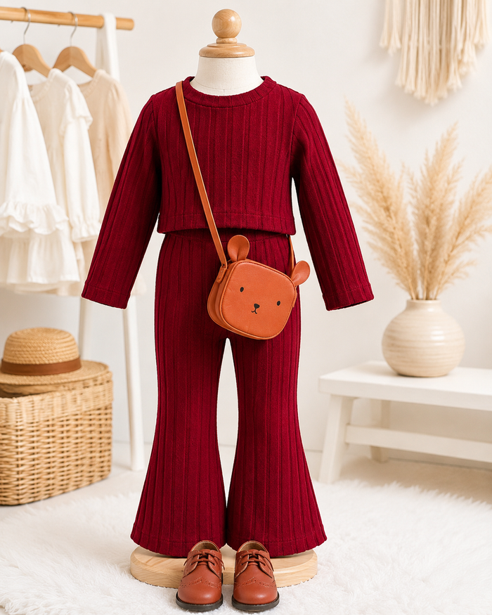 Girls’ Red Ribbed Two-Piece Flared Pants Set – SHEIN Fast Delivery in 5 Days