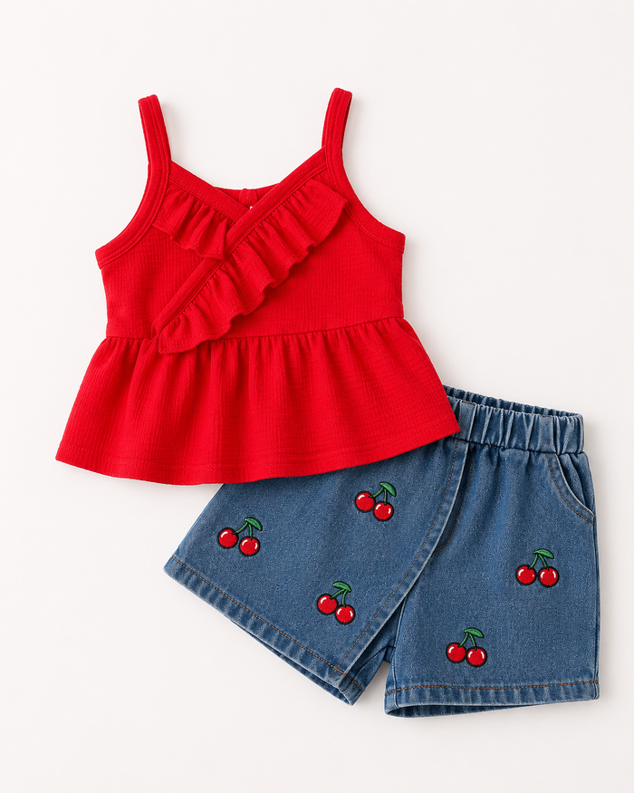 Girls Red Ruffle Top and Cherry Denim Skort Set – SHEIN Fast Delivery in 5 Days