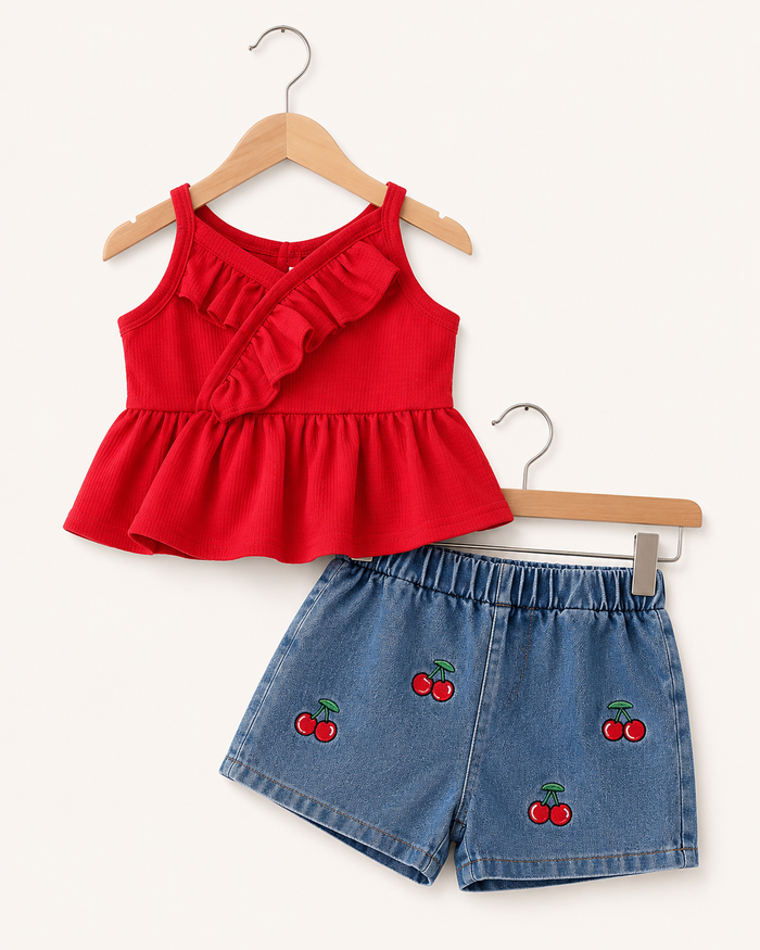 Girls Red Ruffle Top and Cherry Denim Skort Set – SHEIN Fast Delivery in 5 Days