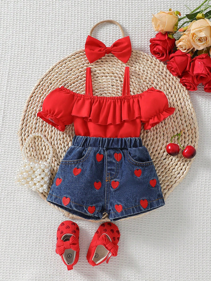 Girls Red Ruffle Top & Heart Denim Shorts Set