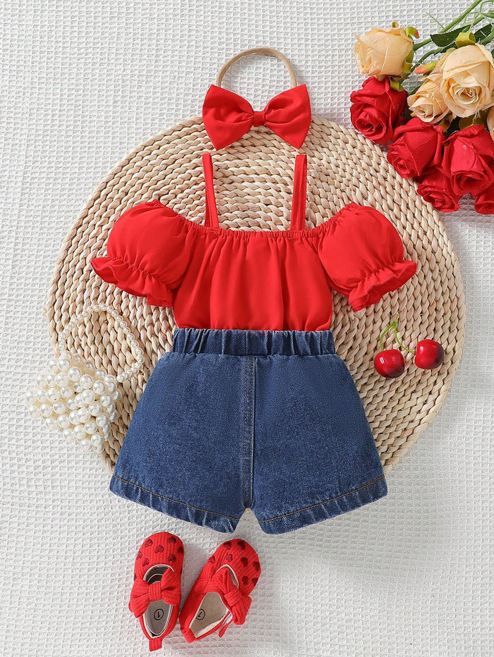 Girls Red Ruffle Top & Heart Denim Shorts Set