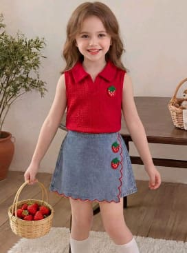 Girls Red Top and Denim Strawberry Skirt Set – SHEIN Fast Delivery in 5 Days