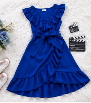 Girls Royal Blue Ruffle Wrap Dress with Waist Tie