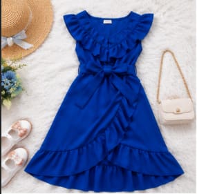 Girls Royal Blue Ruffle Wrap Dress with Waist Tie