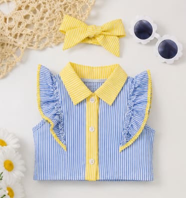 Girls Striped Ruffle Sleeve Blouse with Matching Bow Headband – Summer Cute Outfit Top