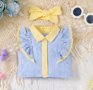 Girls Striped Ruffle Sleeve Blouse with Matching Bow Headband – Summer Cute Outfit Top
