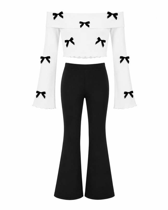 Girls White Bow Off-Shoulder Top and Black Flared Pants Set – SHEIN Fast Delivery in 5 Days