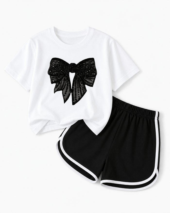 Girls White Bow T-Shirt and Black Shorts Set – SHEIN Fast Delivery in 5 Days