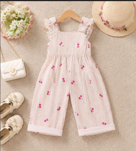 Girls White Cherry Print Sleeveless Jumpsuit – Ruffle Strap Summer Outfit