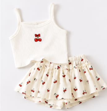 Girls White Cherry Print Top and Skort Set with Red Bow Detail, 6–9 Months