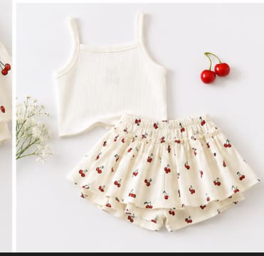 Girls White Cherry Print Top and Skort Set with Red Bow Detail, 6–9 Months