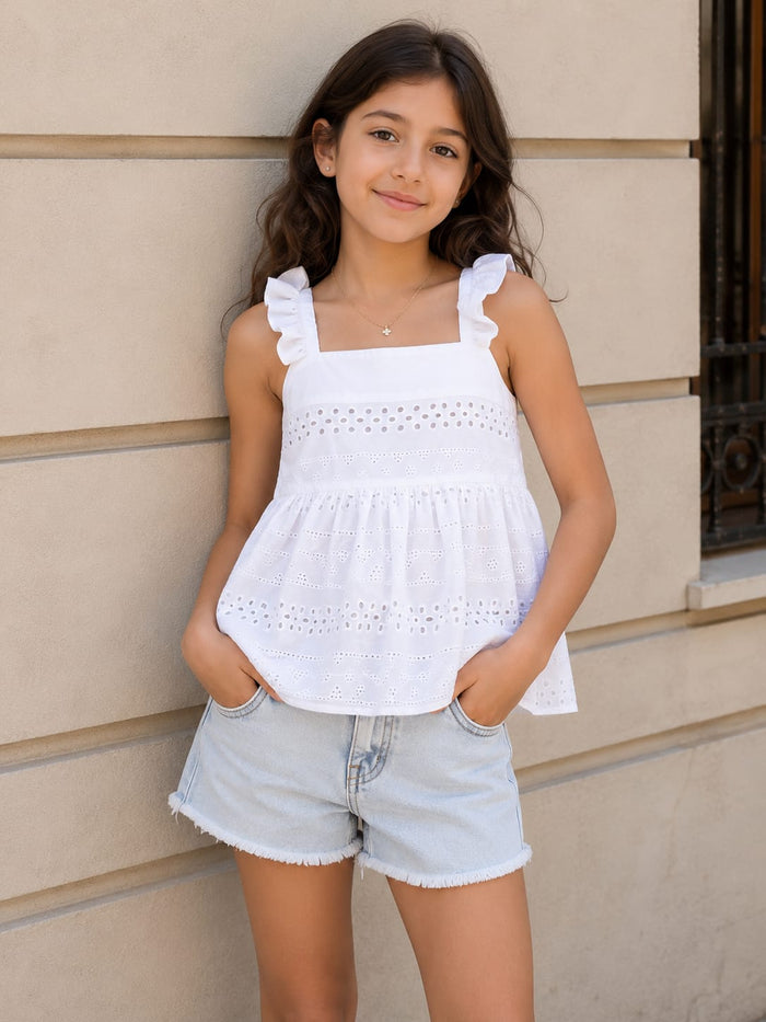 Girls White Eyelet Ruffle Strap Top – Sleeveless Summer Peplum Blouse, Fast Delivery in 5 Days
