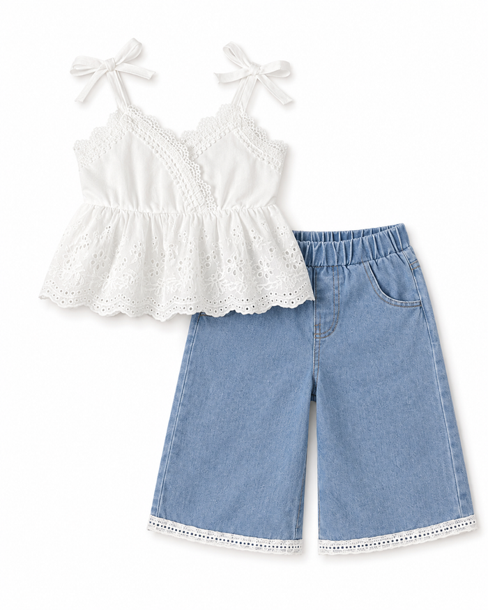 Girls White Lace Cami and Denim Wide-Leg Pants Set – SHEIN Fast Delivery in 5 Days