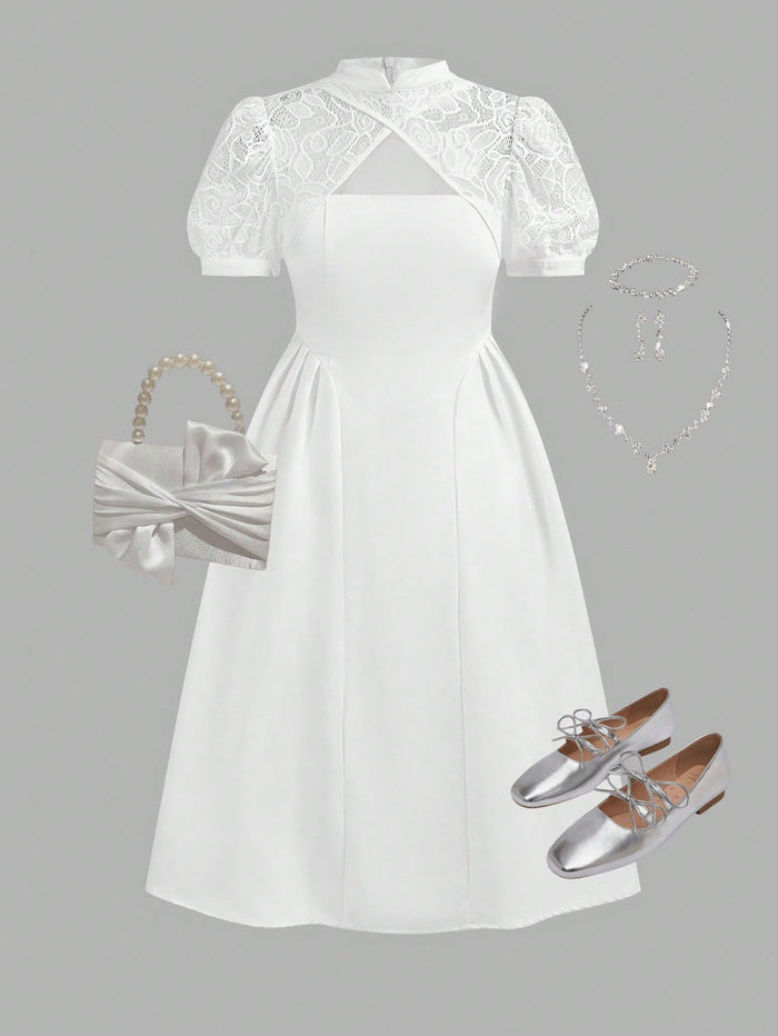 Girls’ White Lace Party Dress – Short Sleeve Princess Dress – Elegant Occasion Outfit for Kids