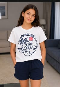 Girls White Paradise Club T-Shirt & Navy Shorts Set – 2 Piece Casual Summer Outfit, Fast Delivery in 5 Days