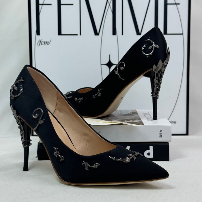 Golden branch leaves silk satin shoes