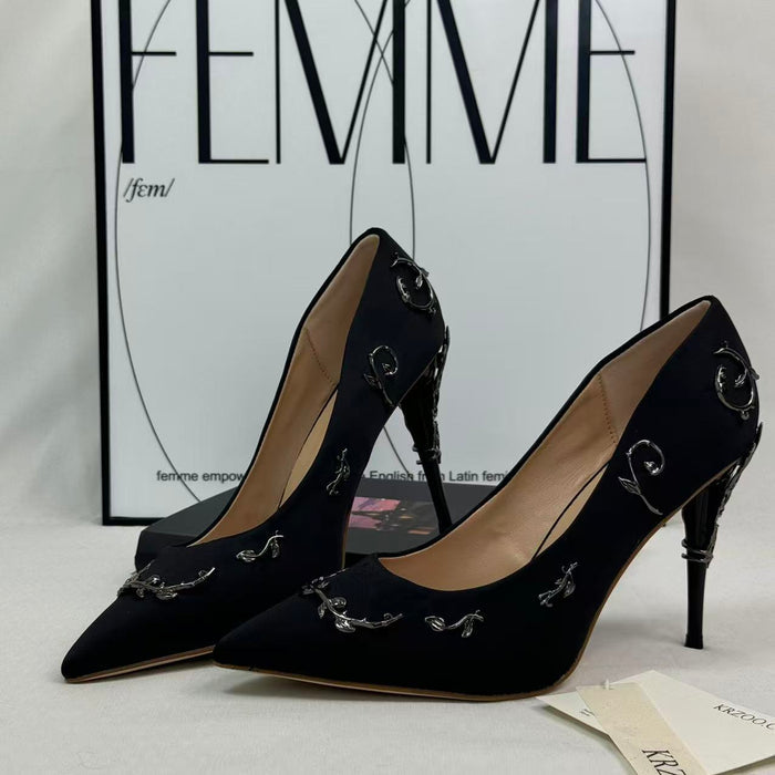Golden branch leaves silk satin shoes