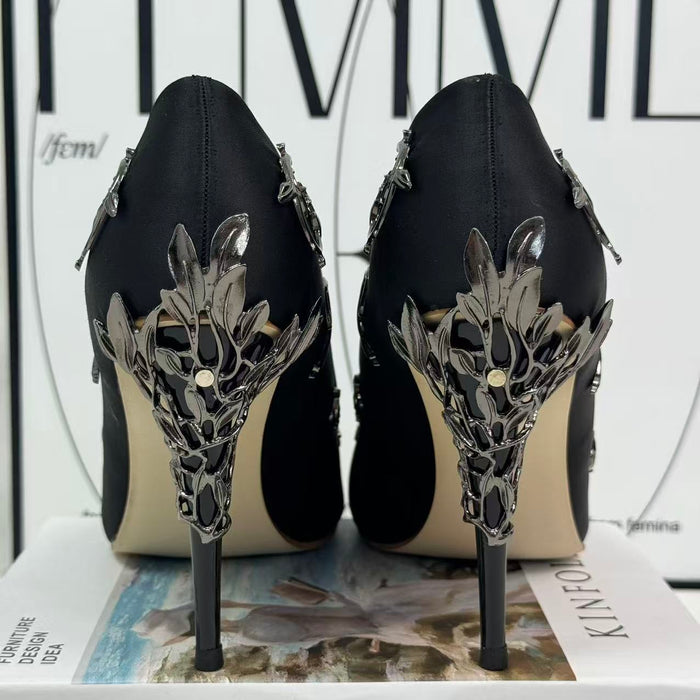 Golden branch leaves silk satin shoes