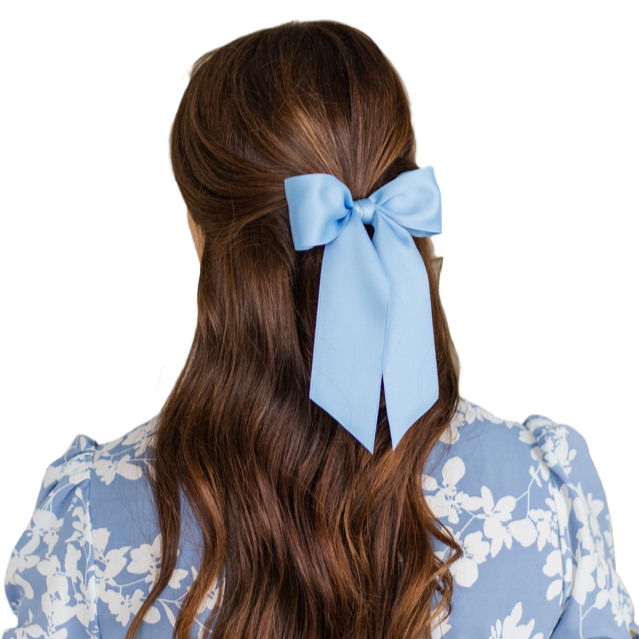 Bailee satin bow barrette, chambray hair bow clip, Grace & Grandeur hair bow, handmade satin bow USA, matte ribbon bow for girls, French barrette bow, versatile hair accessory, chambray blue hair clip, matching mother daughter bow, grandmillennial bow style