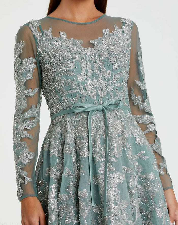 Green Embellished Bow Belt Illusion Long Sleeve A Line Dress - Mac Duggal