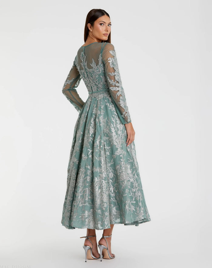 Green Embellished Bow Belt Illusion Long Sleeve A Line Dress - Mac Duggal