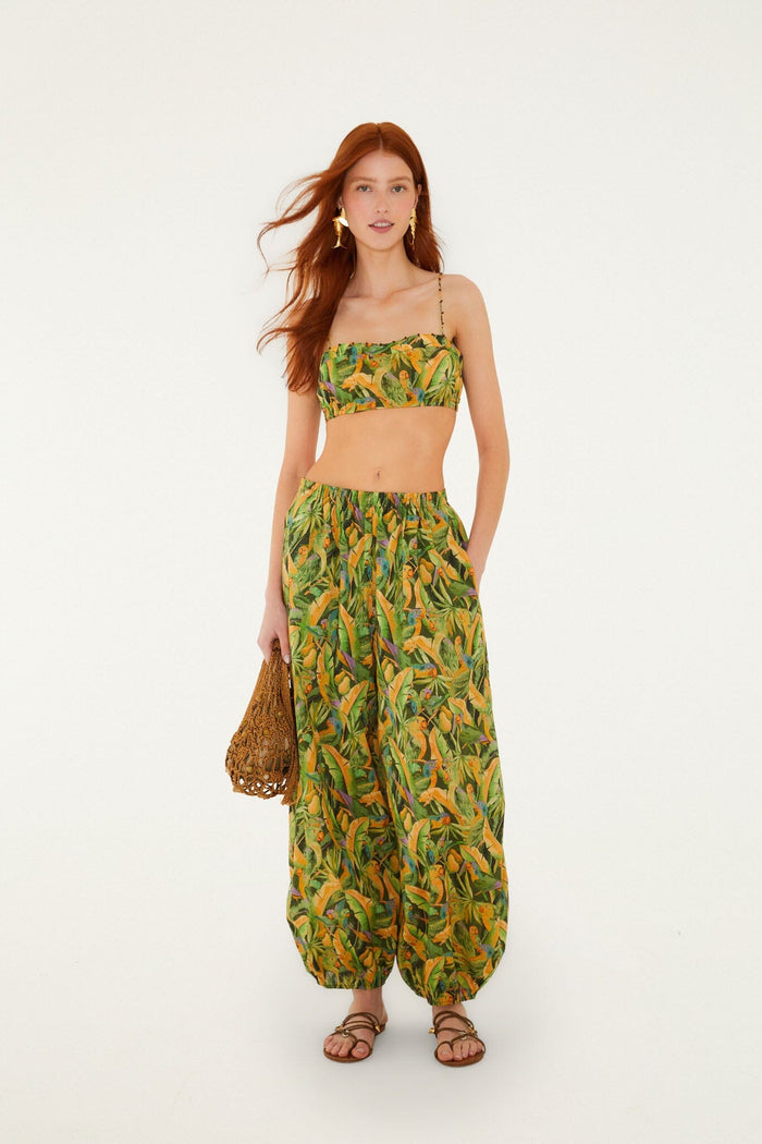 FARM Rio model wearing the Forest Green Parrots Balloon Pants