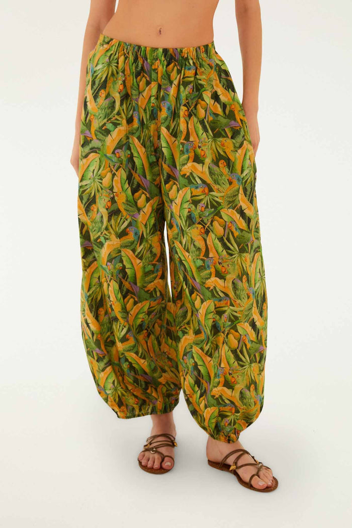 FARM Rio model wearing the Forest Green Parrots Balloon Pants