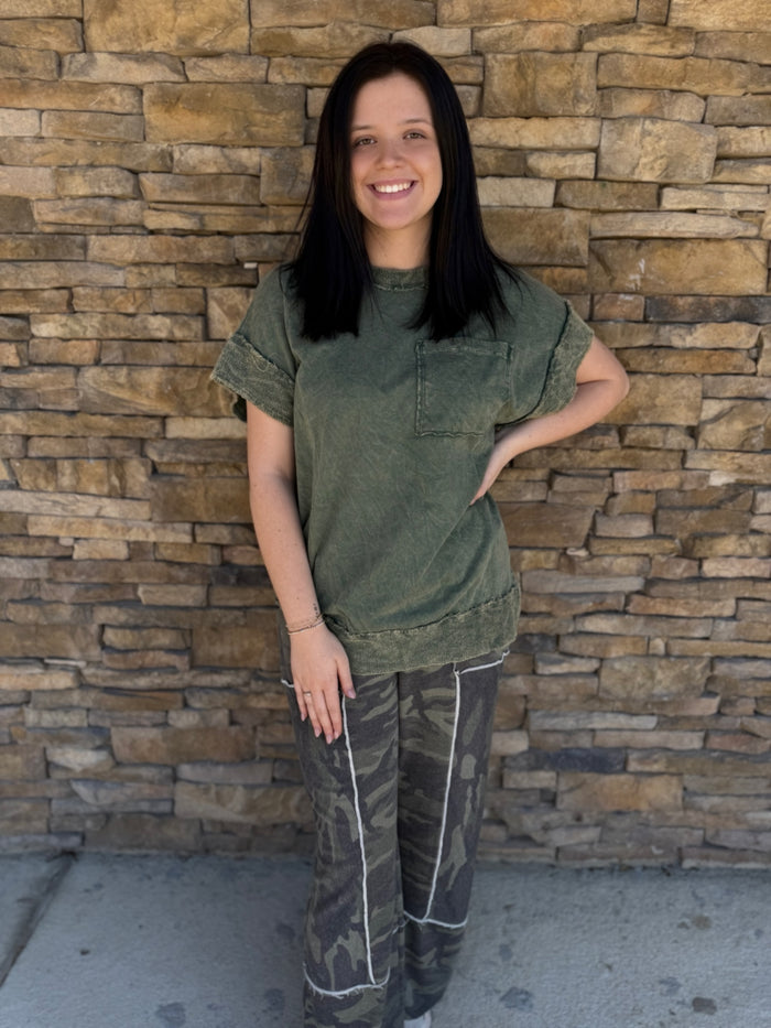 Green Mineral Wash Pocket Top