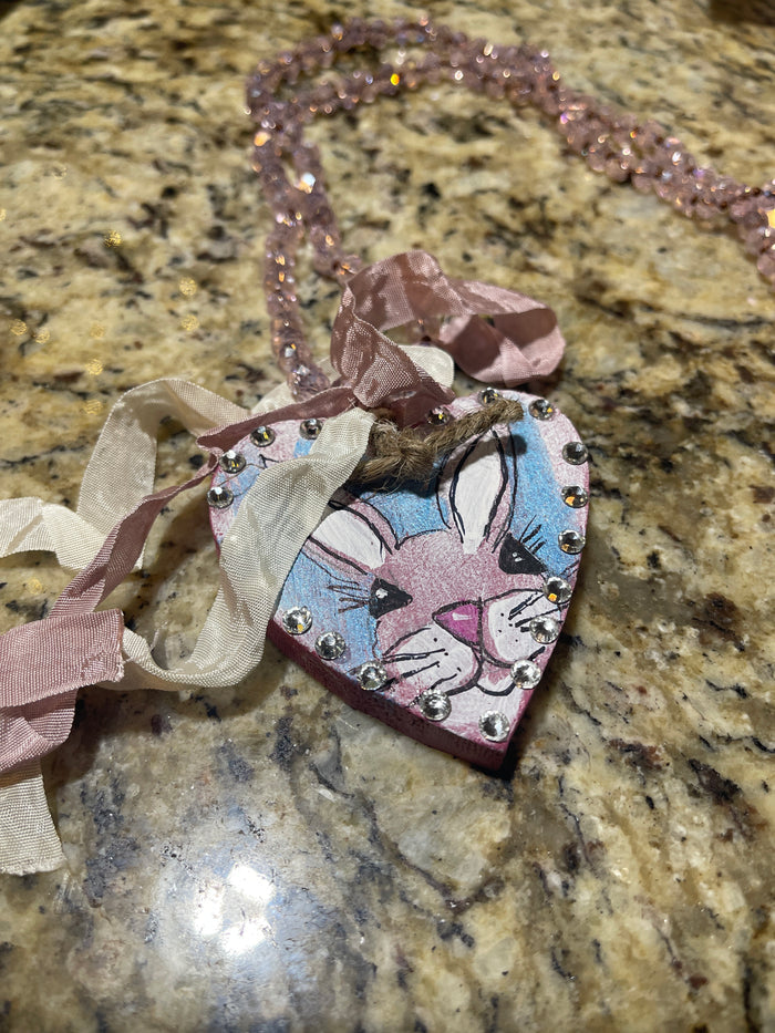 Hand Painted Bunny Wooden Heart: Pink