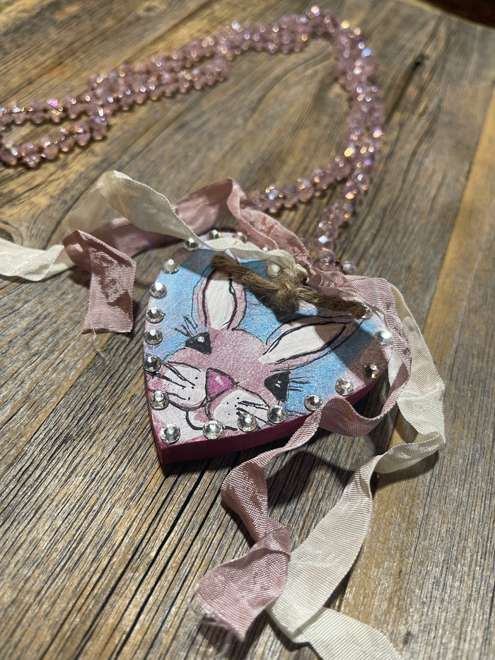 Hand Painted Bunny Wooden Heart: Pink