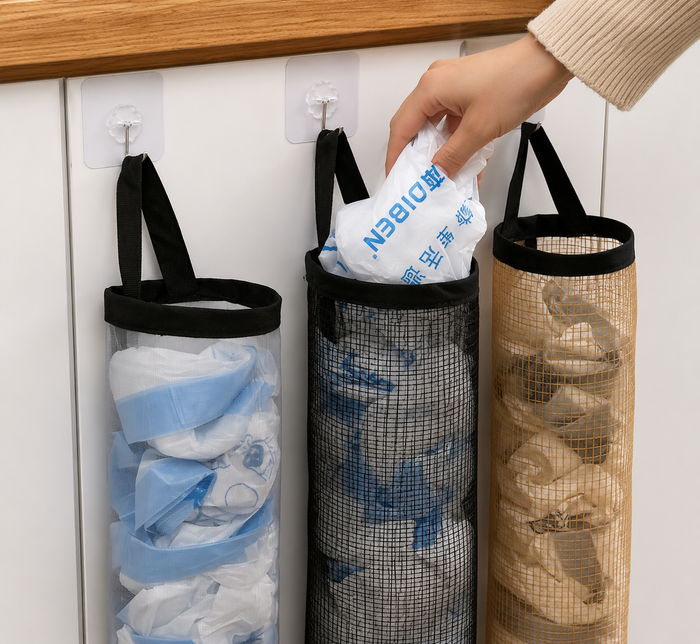 Hanging Mesh Storage Bag for Kitchen and Bathroom, Wall Mounted Organizer Pouch