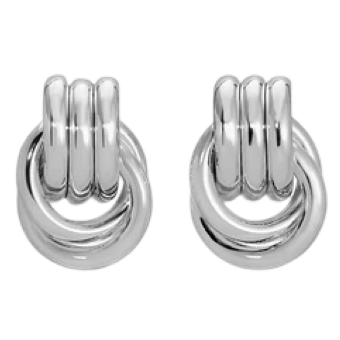 Pair of silver hoop earrings on a white background