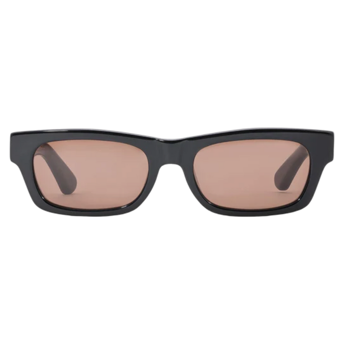Black sunglasses with brown lenses on a white background