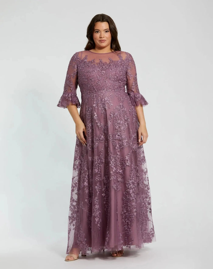Purple High Neck Flutter Sleeve Embroidered A Line Gown - Mac Duggal