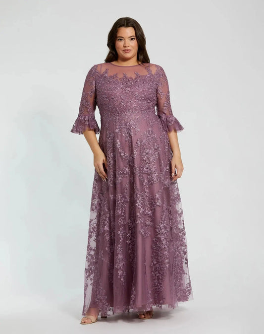 Purple High Neck Flutter Sleeve Embroidered A Line Gown - Mac Duggal