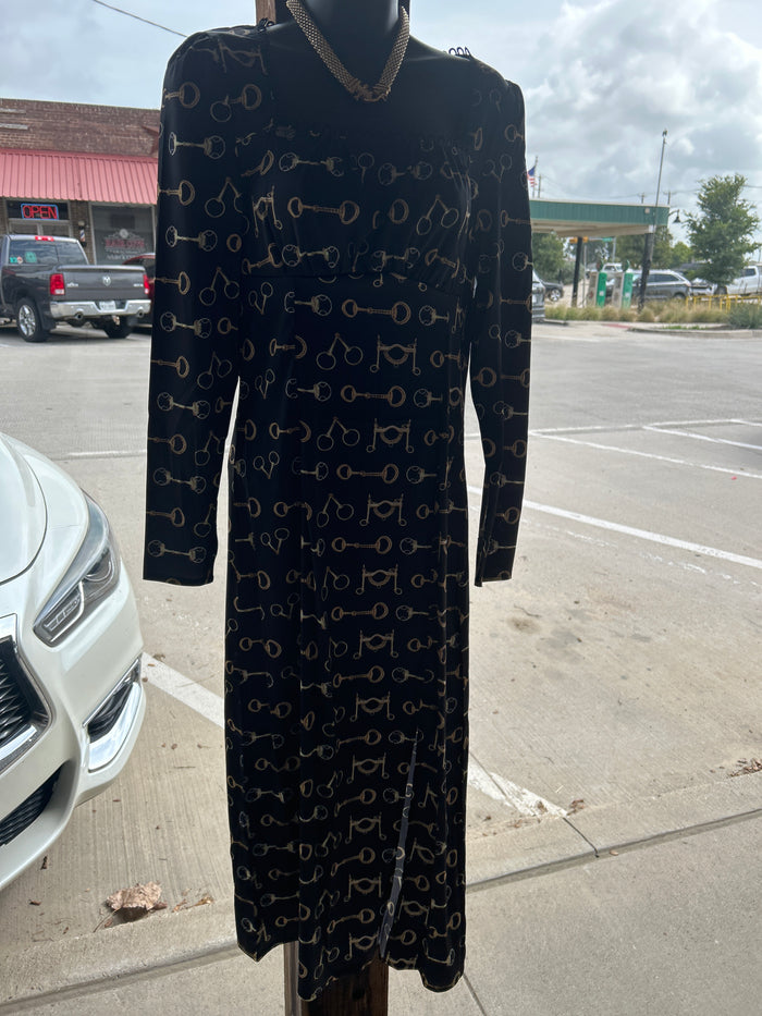 Horse Bit Printed Square Neckline Long Sleeve Front Slit Lined Dress