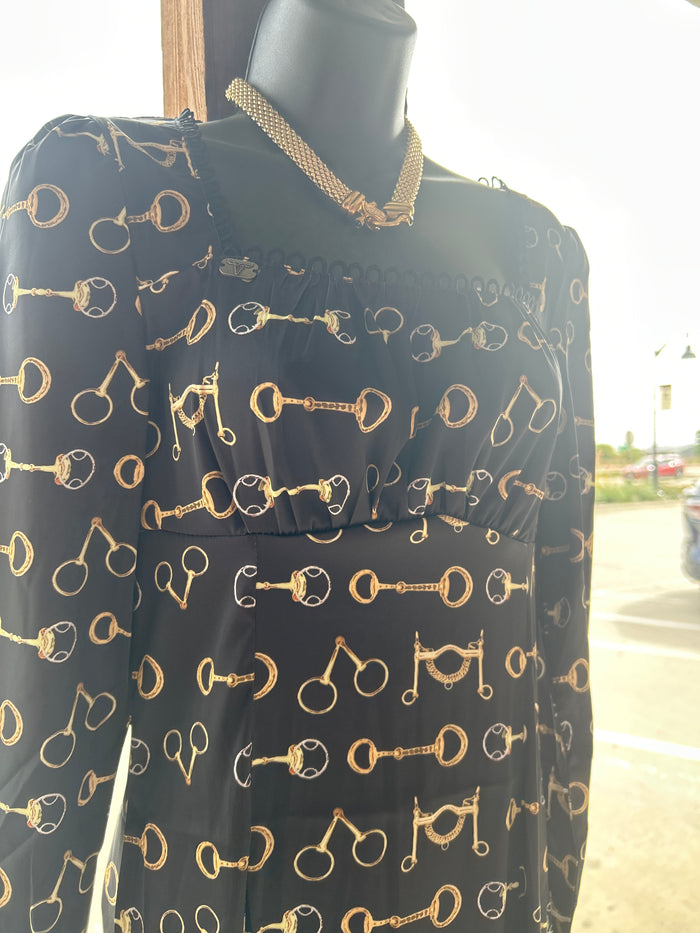 Horse Bit Printed Square Neckline Long Sleeve Front Slit Lined Dress