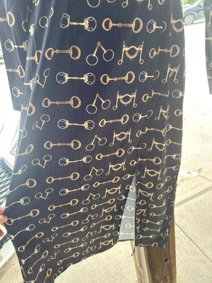 Horse Bit Printed Square Neckline Long Sleeve Front Slit Lined Dress