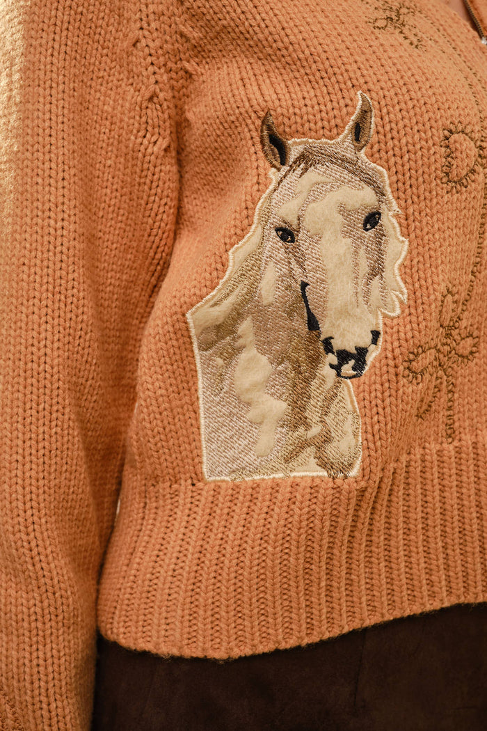Horse Embroidered Zip Up Mock Neck Sweater