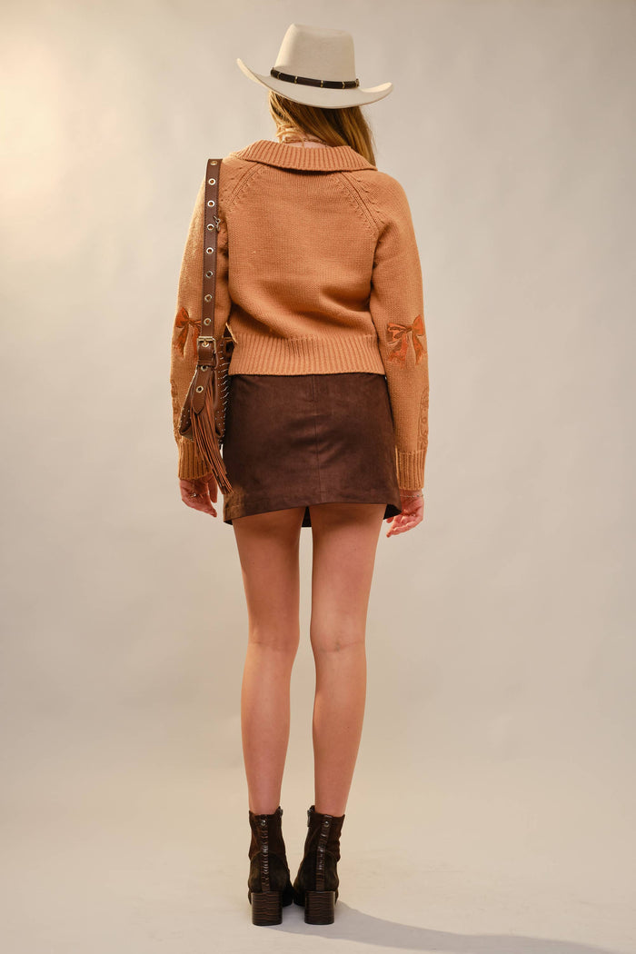 Horse Embroidered Zip Up Mock Neck Sweater