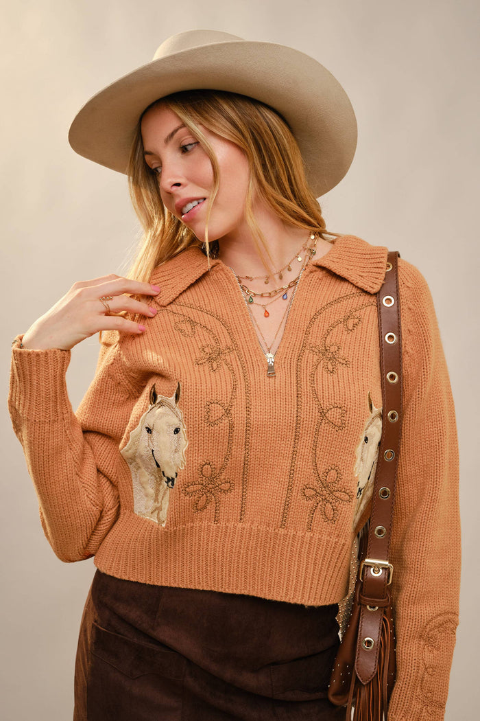 Horse Embroidered Zip Up Mock Neck Sweater
