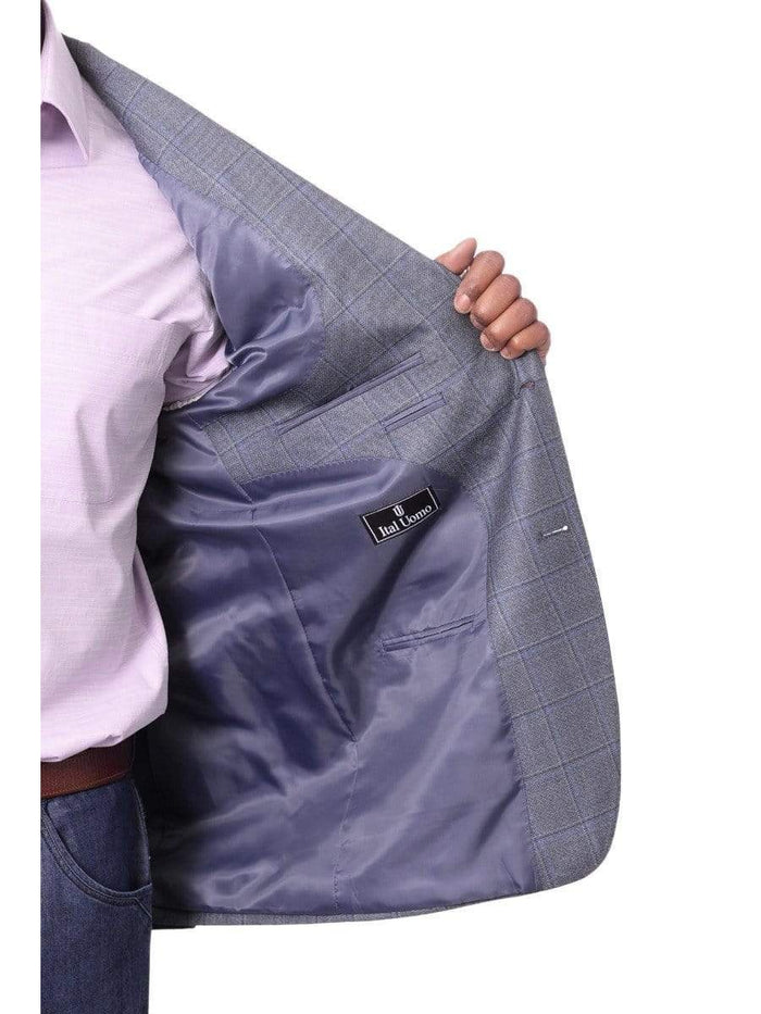 I Uomo BLAZERS I Uomo Mens Blue Plaid Windowpane 100% Wool Regular Fit Blazer Sportcoat