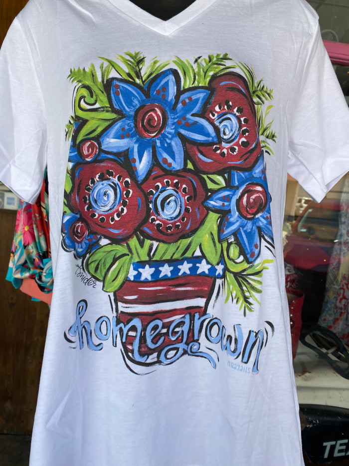 Homegrown Red & Blue Flowers V-Neck