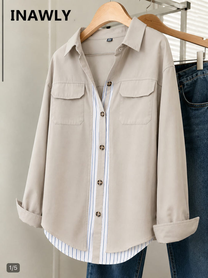 INAWLY Layered Look Pocket Front Button Up Shirt