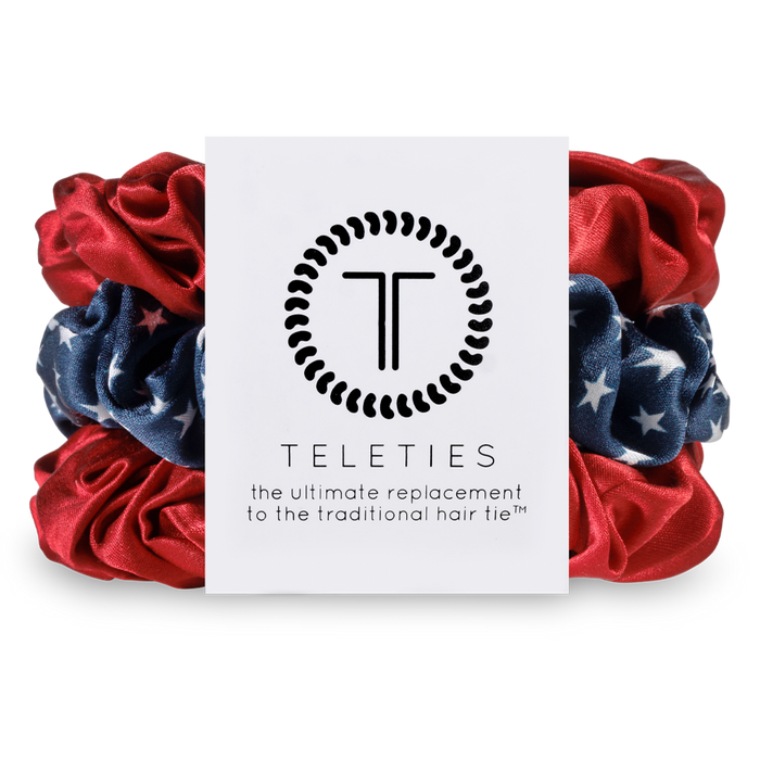 TELETIES, Silk Scrunchie, 100% natural silk, thick hair, large scrunchie, hair care, prevent breakage, spiral coil, soft hair tie, Independence Bae, healthy hair, luxury hair accessory, frizz-free hair, overnight hair care.