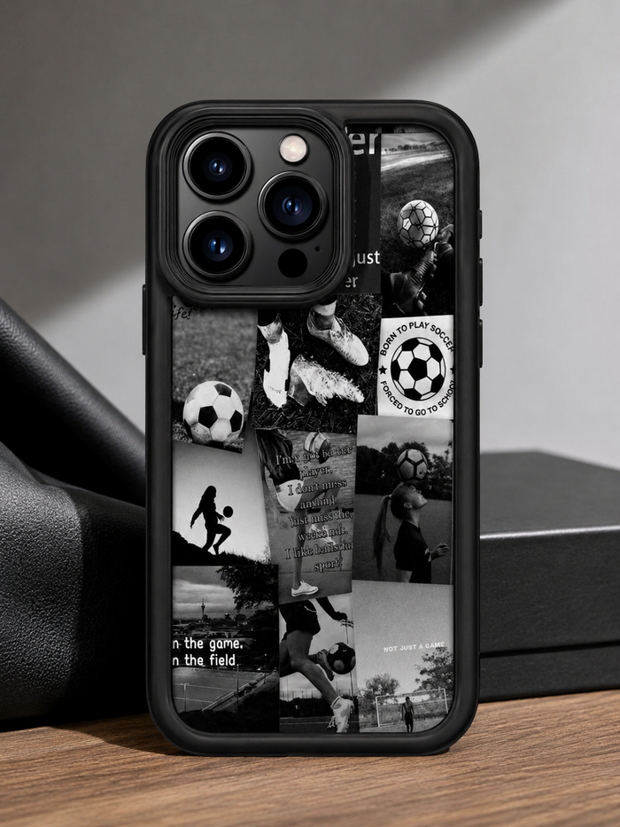 iPhone 13 Pro Max Soccer Graphic Case – Black Shockproof Phone Cover – Sport Collage Protective Case