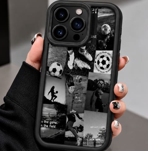 iPhone 13 Pro Max Soccer Graphic Case – Black Shockproof Phone Cover – Sport Collage Protective Case